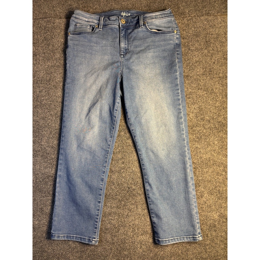 Style & Co. Capri Jeans Women 12 Blue Denim Stretch Wide Faded Low Rise RN 89828
